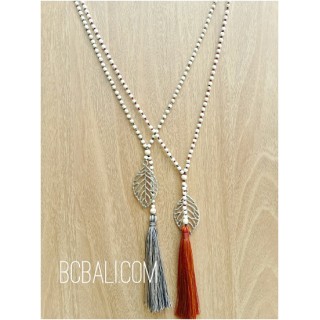 single strand beads necklace tassels leaves bronze silver 